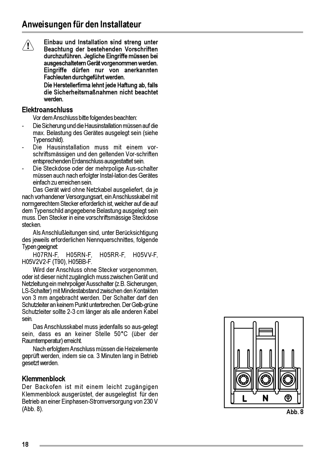 Zanussi ZOB 460 manual Anweisungen für den Installateur, Elektroanschluss, Klemmenblock 