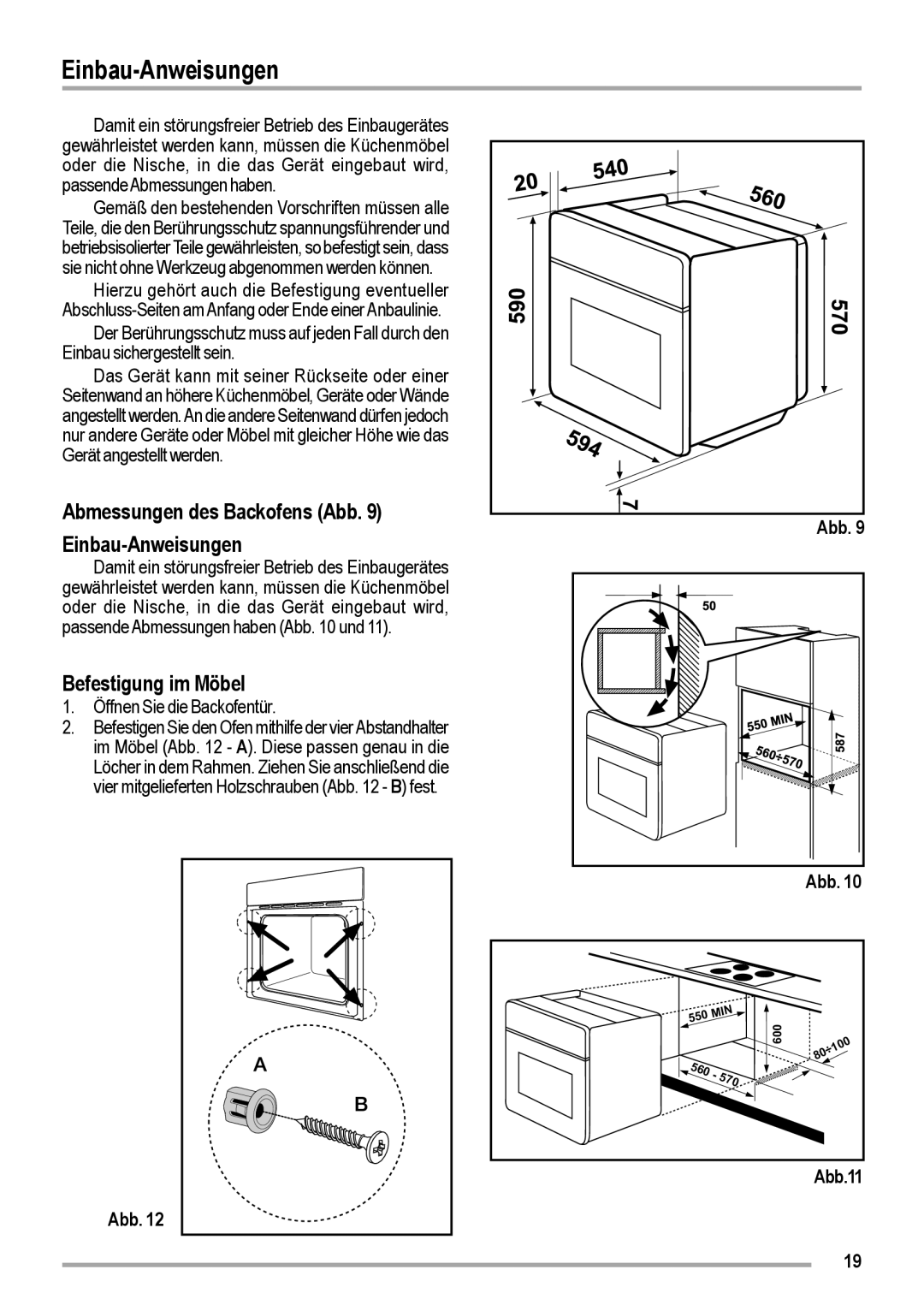 Zanussi ZOB 460 manual Abmessungen des Backofens Abb Einbau-Anweisungen, Befestigung im Möbel, Abb.11 