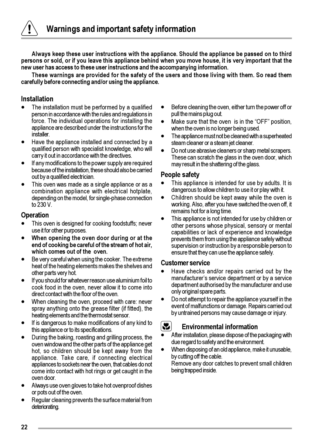 Zanussi ZOB 460 manual Installation, Operation, People safety, Customer service, Environmental information 