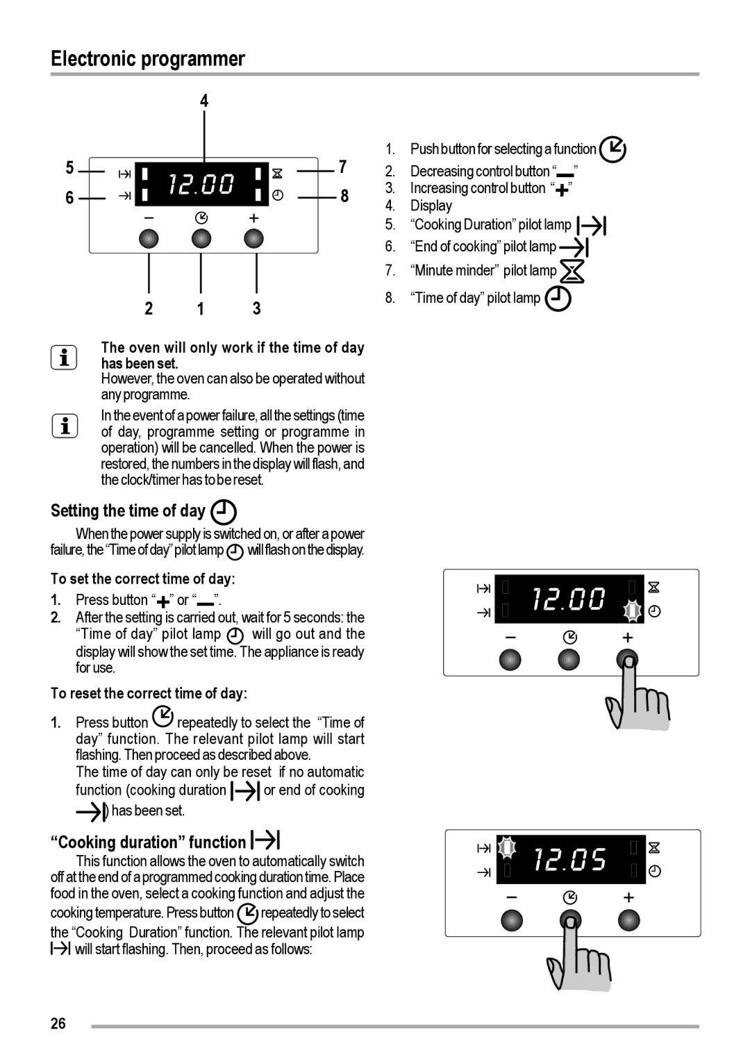 Zanussi ZOB 460 Electronic programmer, Setting the time of day, Cooking duration function, To set the correct time of day 