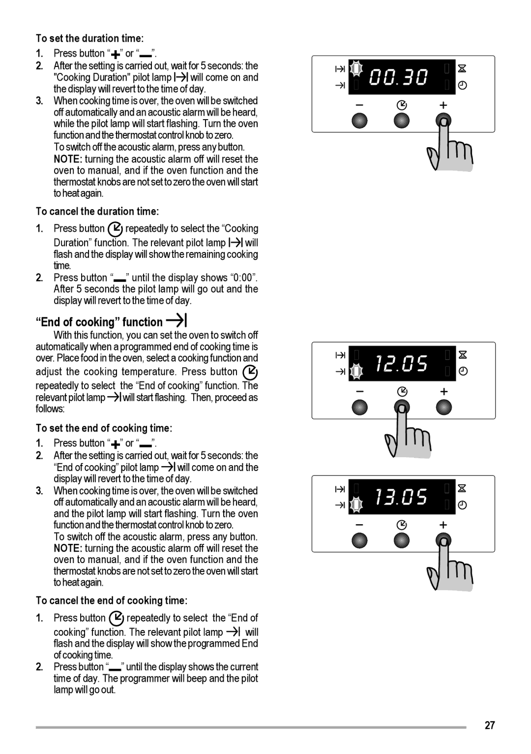 Zanussi ZOB 460 manual End of cooking function, To set the duration time, To cancel the duration time 