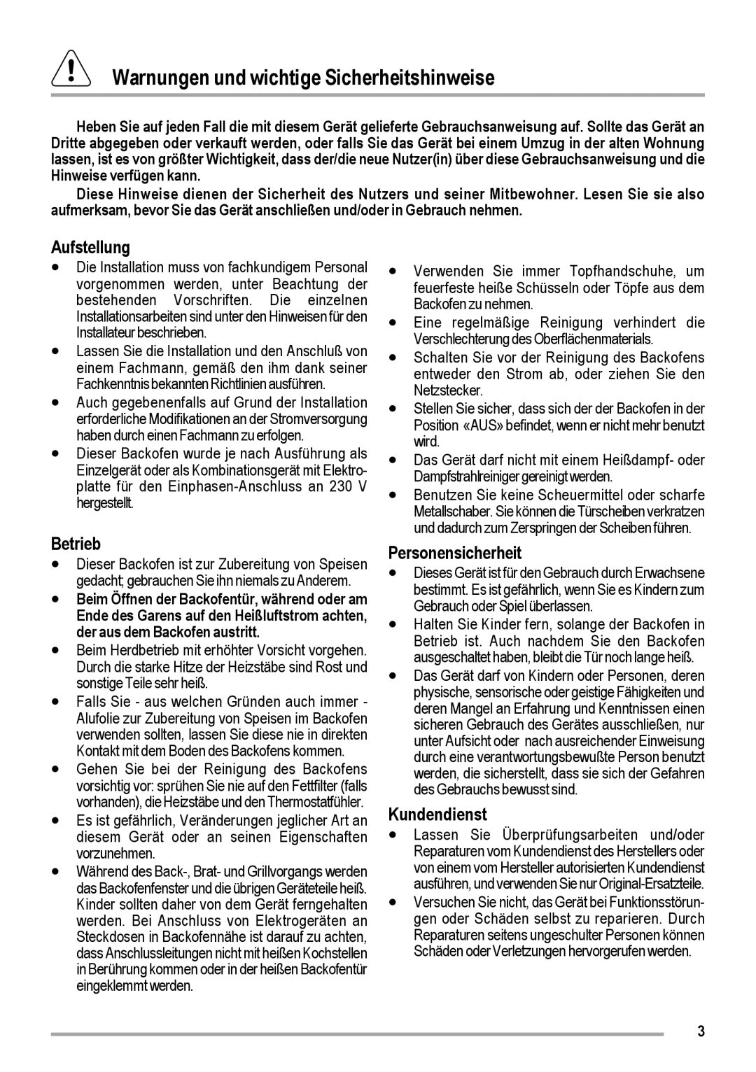 Zanussi ZOB 460 manual Warnungen und wichtige Sicherheitshinweise, Aufstellung, Betrieb, Personensicherheit, Kundendienst 