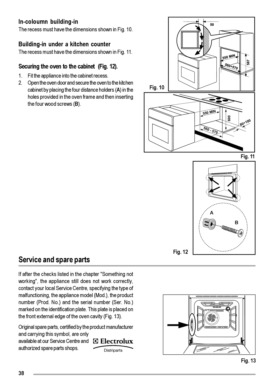 Zanussi ZOB 460 manual Service and spare parts, In-coloumn building-in, Building-in under a kitchen counter 