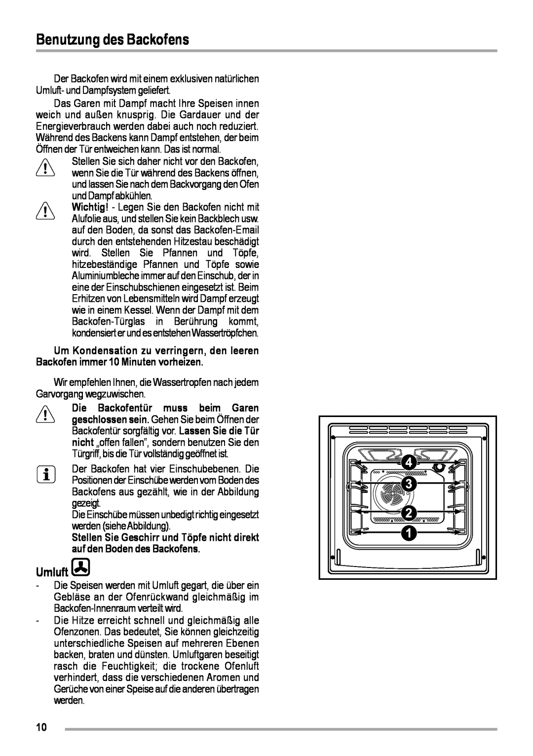Zanussi ZOB 460 manual Benutzung des Backofens, Umluft, und Dampf abkühlen 
