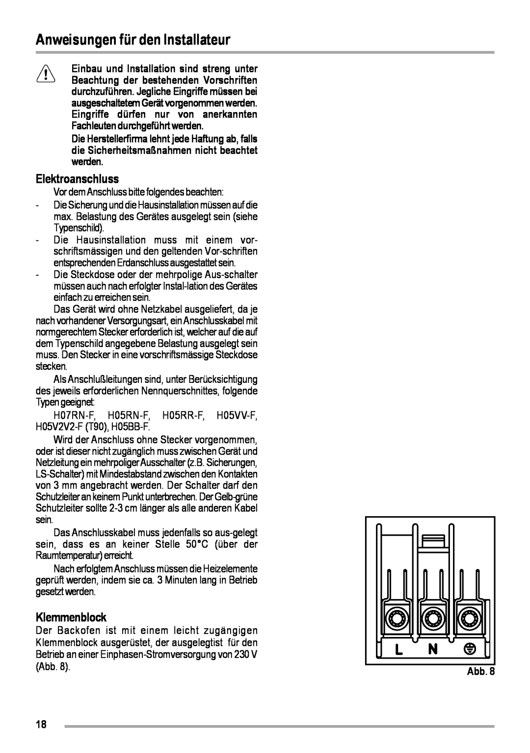 Zanussi ZOB 460 manual Anweisungen für den Installateur, Elektroanschluss, Klemmenblock 