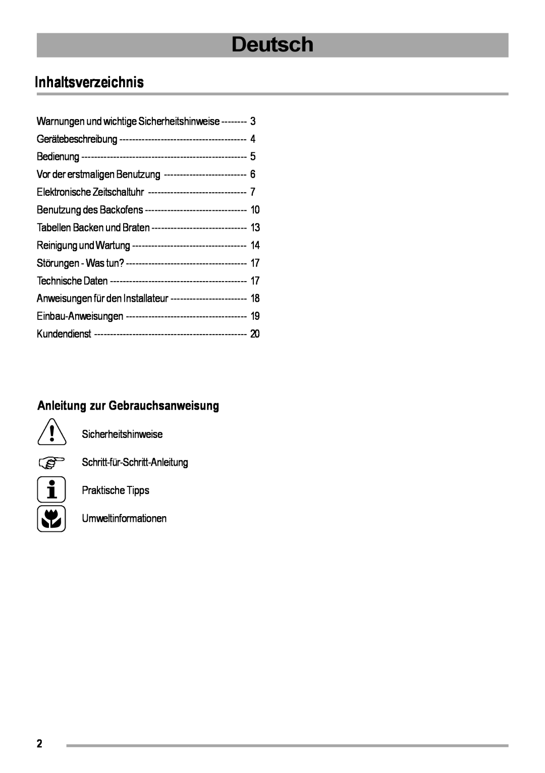 Zanussi ZOB 460 manual Deutsch, Inhaltsverzeichnis, Anleitung zur Gebrauchsanweisung, Umweltinformationen 
