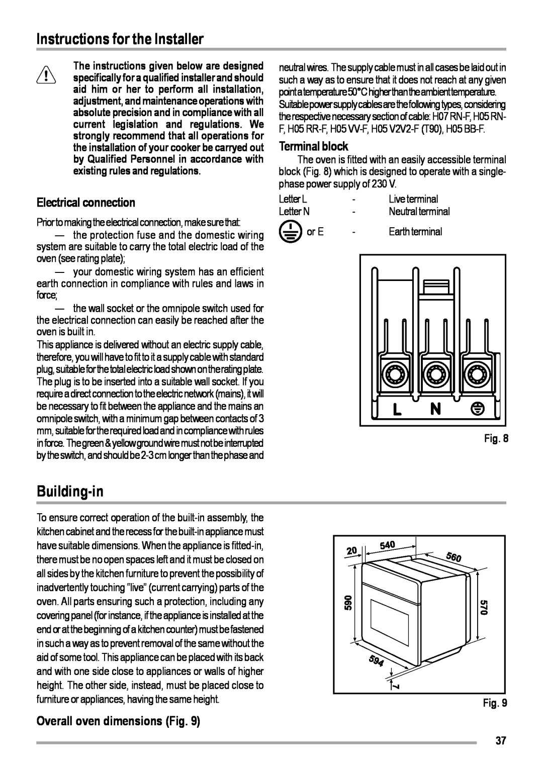Zanussi ZOB 460 manual Instructions for the Installer, Building-in, Electrical connection, Terminal block 