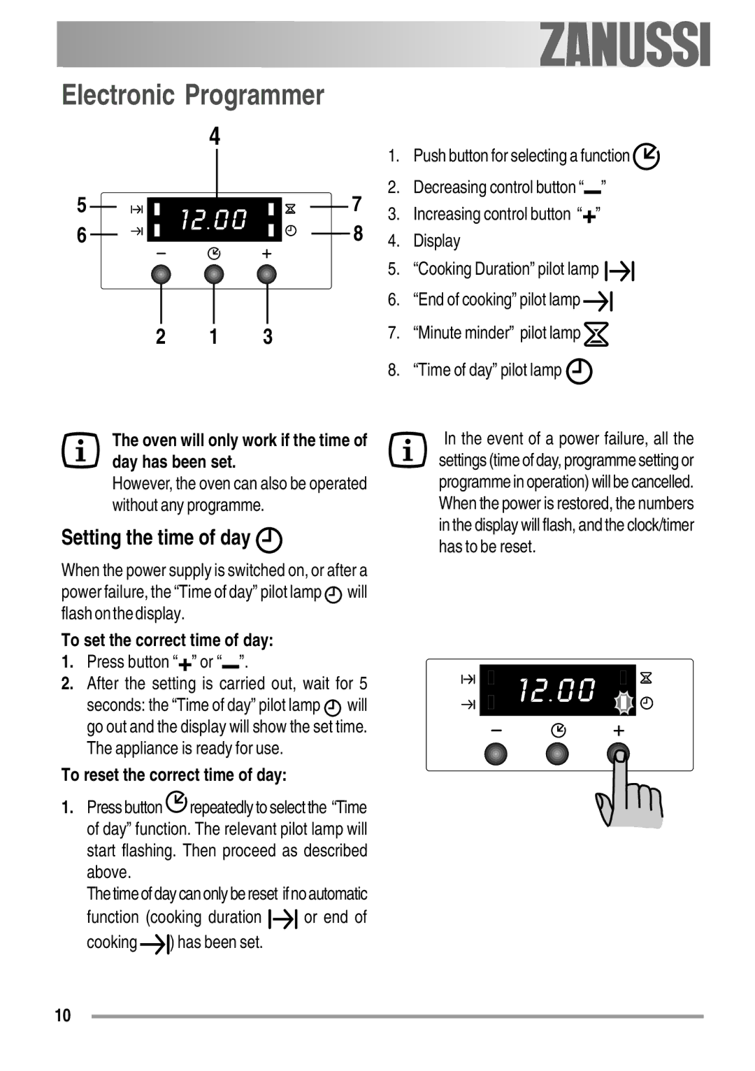 Zanussi ZOB 550 Electronic Programmer, Setting the time of day, Oven will only work if the time of day has been set 
