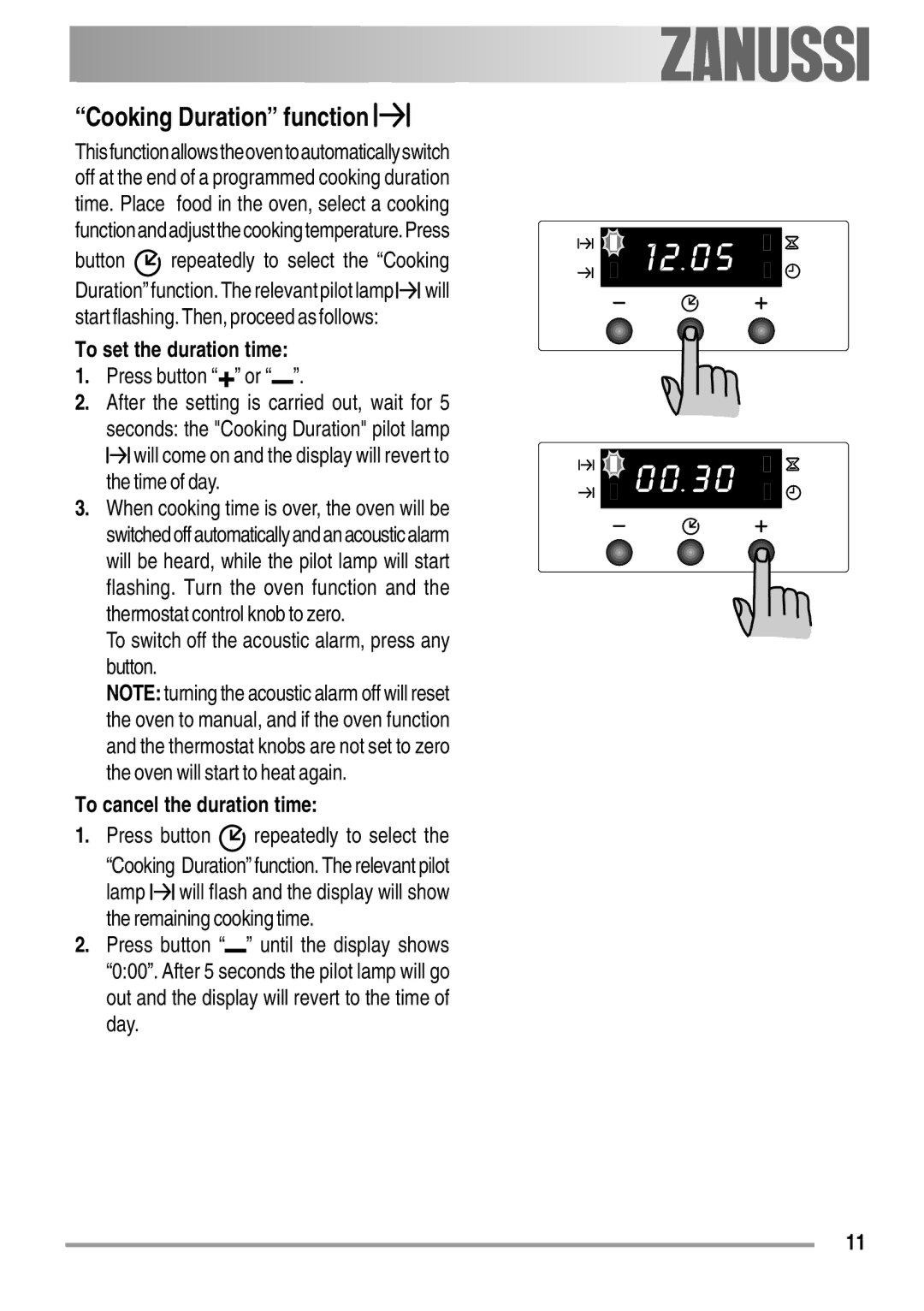 Zanussi ZOB 550 user manual Cooking Duration function, To set the duration time, To cancel the duration time 