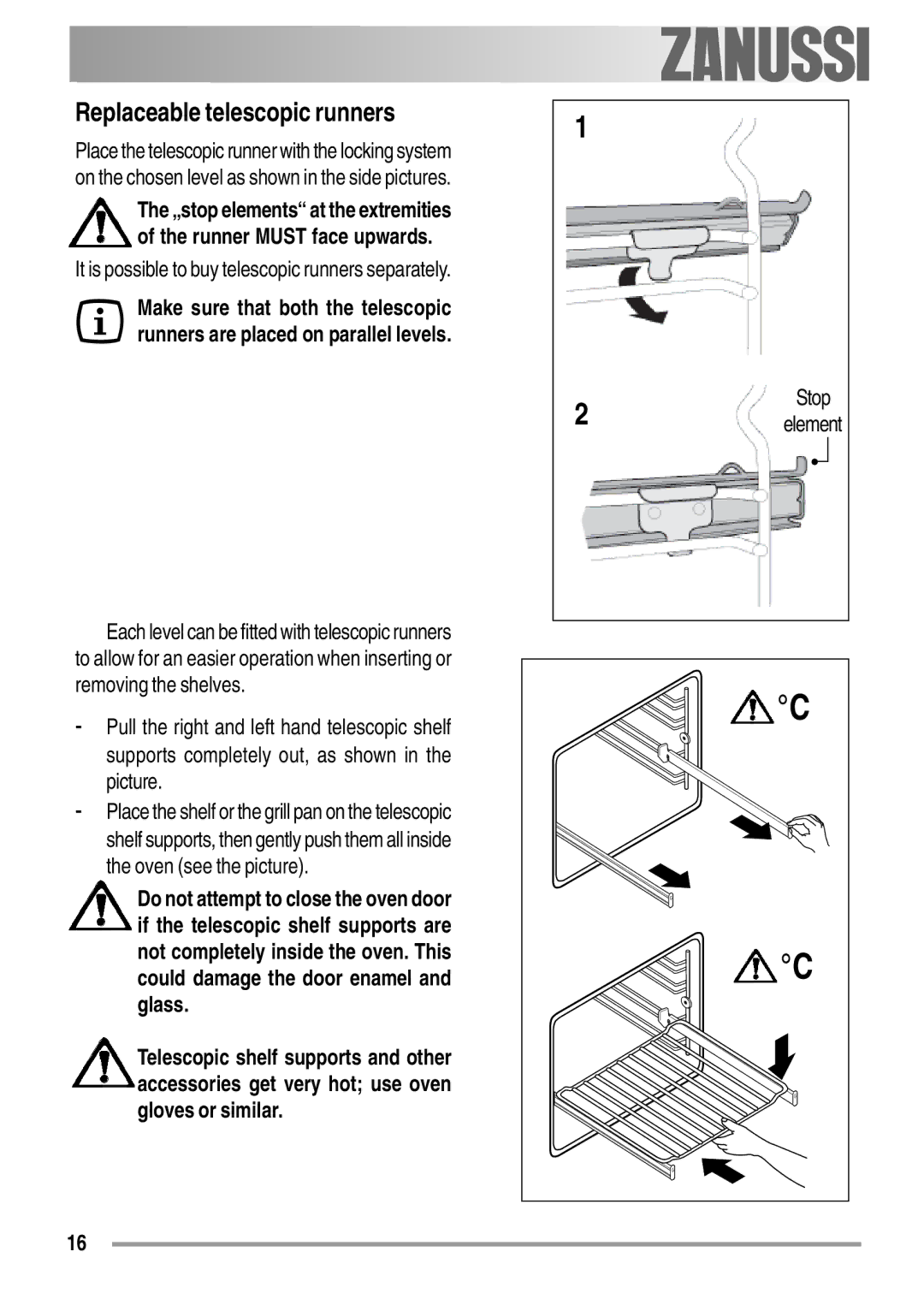 Zanussi ZOB 550 user manual Replaceable telescopic runners, It is possible to buy telescopic runners separately 