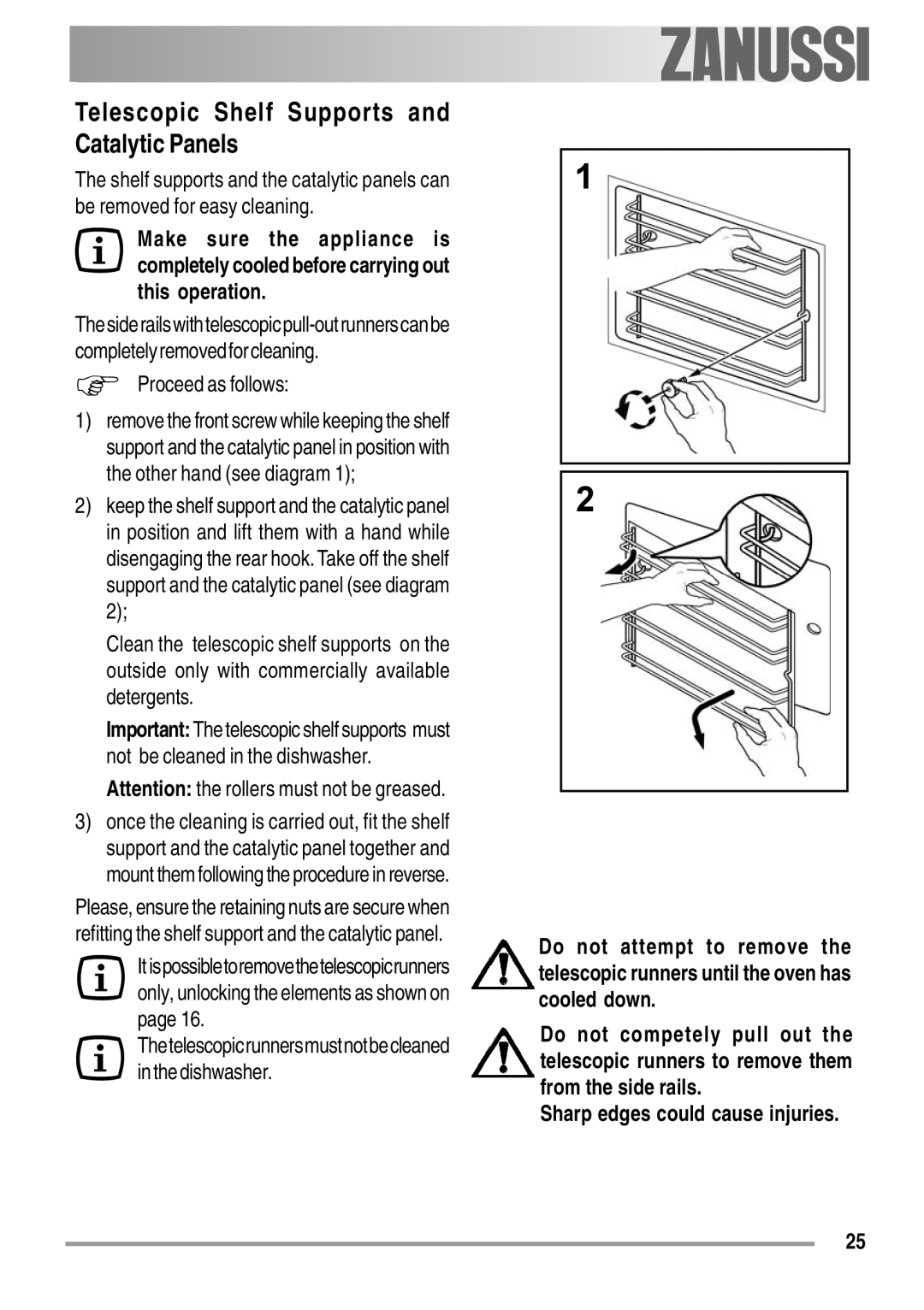 Zanussi ZOB 550 user manual Telescopic Shelf Supports and Catalytic Panels, Proceed as follows 