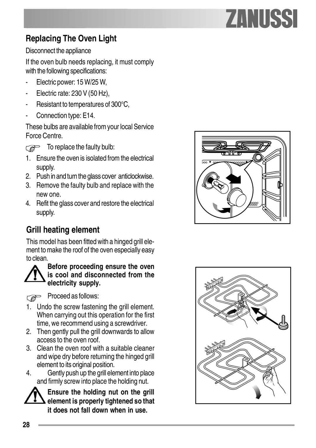 Zanussi ZOB 550 user manual Replacing The Oven Light, Grill heating element 