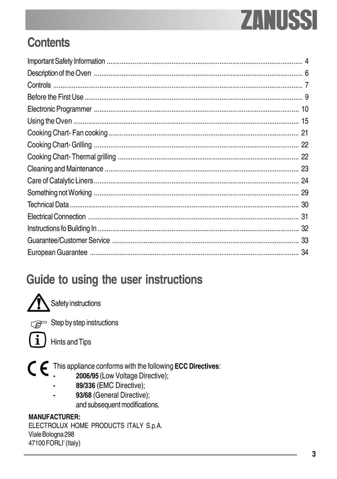 Zanussi ZOB 550 user manual Contents, Guide to using the user instructions 