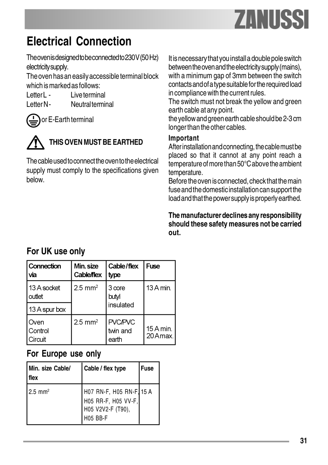 Zanussi ZOB 550 user manual For UK use only, Letter L Live terminal Letter N, Or E-Earth terminal, For Europe use only 