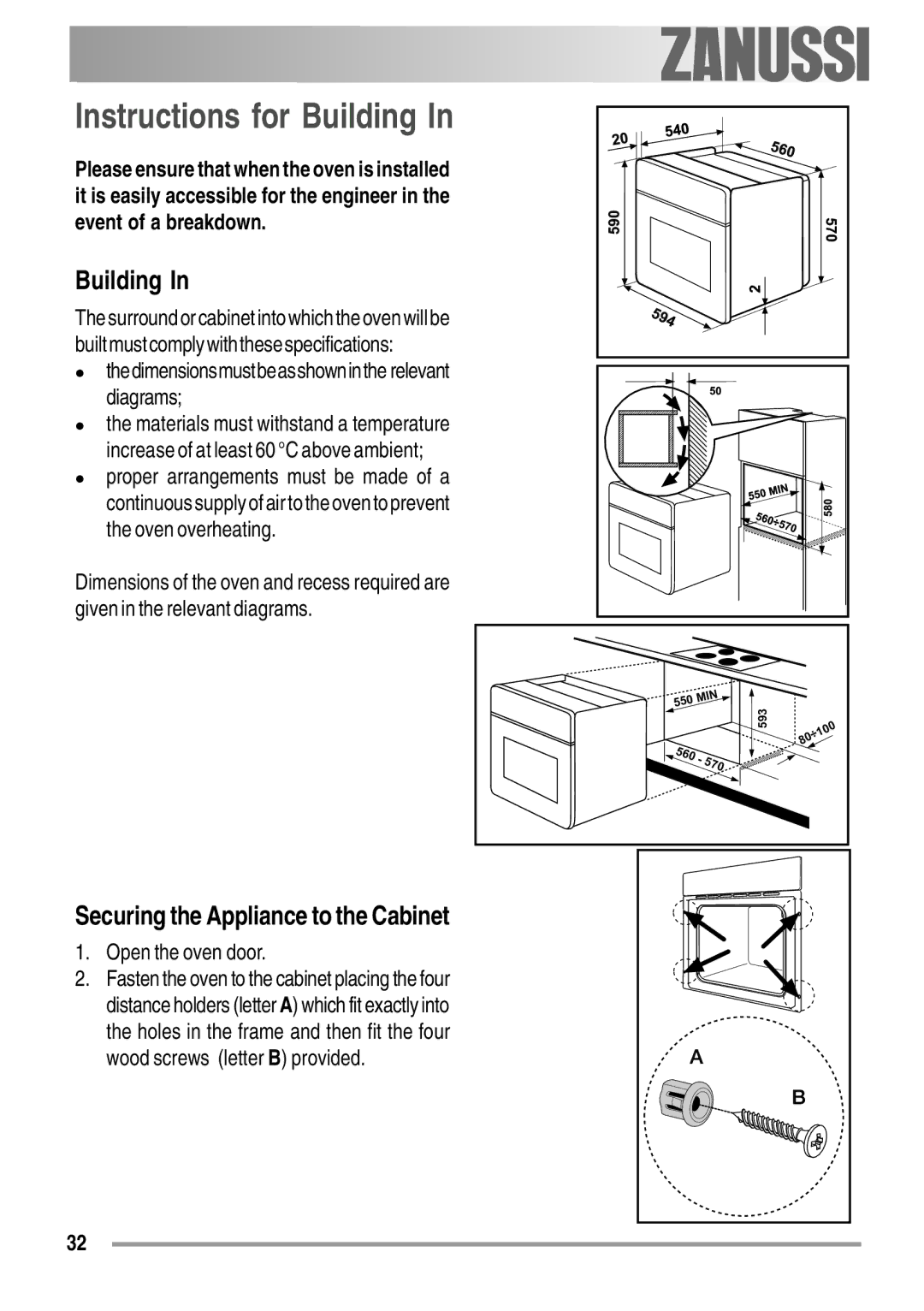 Zanussi ZOB 550 user manual Instructions for Building, Securing the Appliance to the Cabinet, Open the oven door 