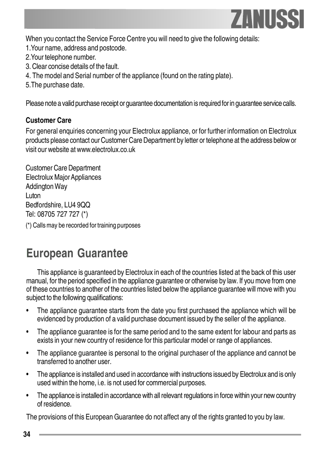 Zanussi ZOB 550 user manual European Guarantee, Customer Care 