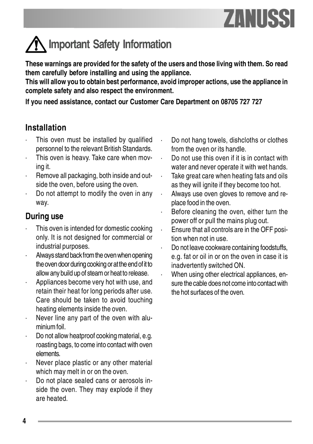 Zanussi ZOB 550 user manual Important Safety Information, Installation, During use 