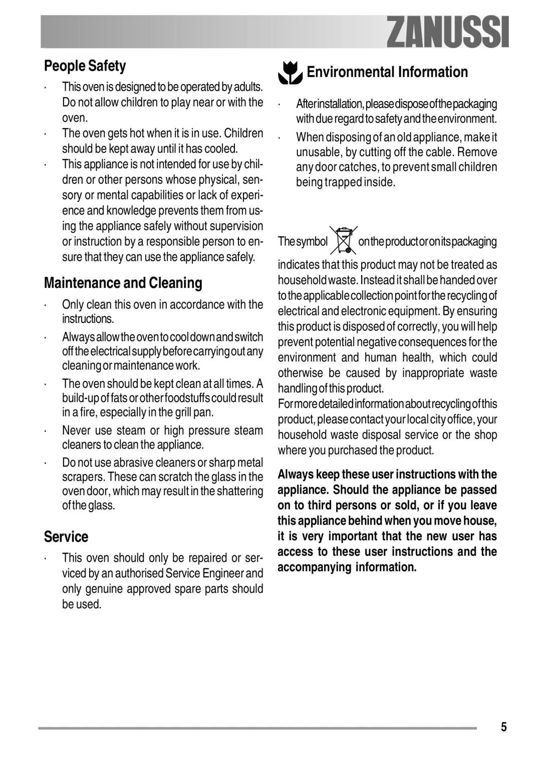 Zanussi ZOB 550 user manual People Safety, Maintenance and Cleaning, Service, Environmental Information 