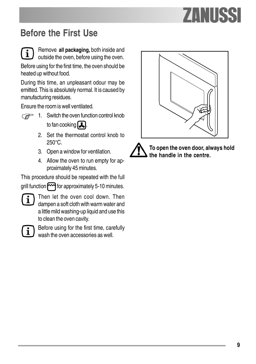 Zanussi ZOB 550 user manual Before the First Use, Ensure the room is well ventilated 