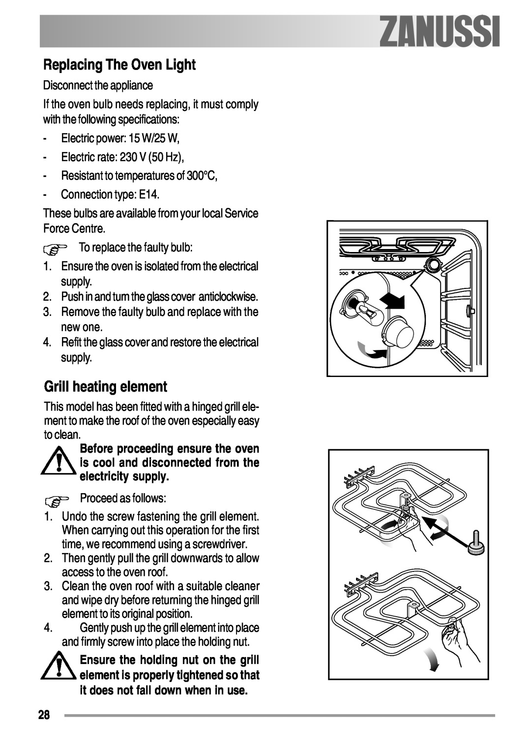Zanussi ZOB 550 user manual Replacing The Oven Light, Grill heating element 