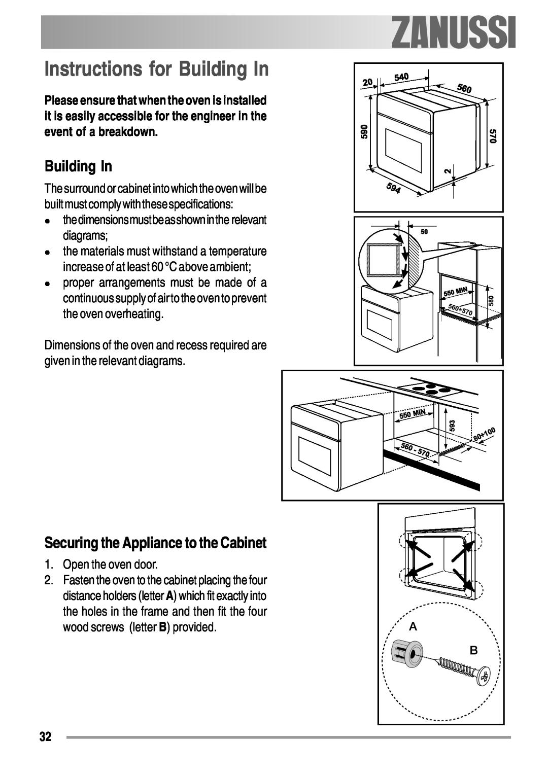 Zanussi ZOB 550 user manual Instructions for Building In, Securing the Appliance to the Cabinet, Open the oven door 