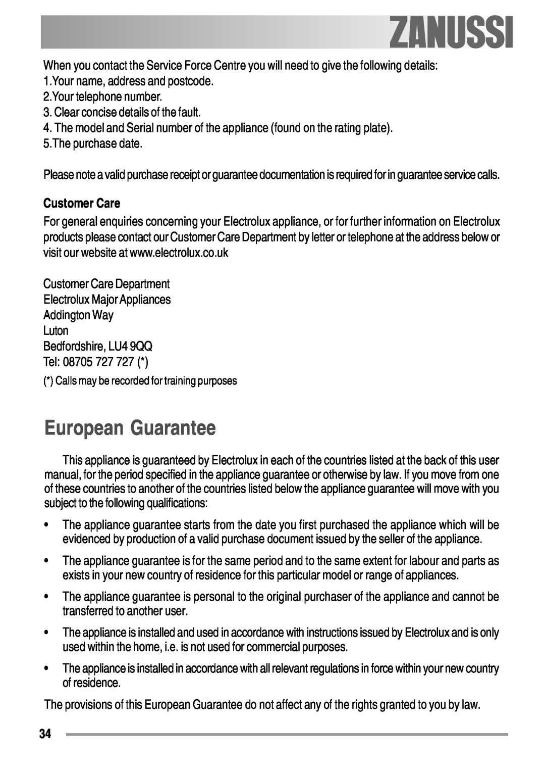 Zanussi ZOB 550 user manual European Guarantee, Customer Care 