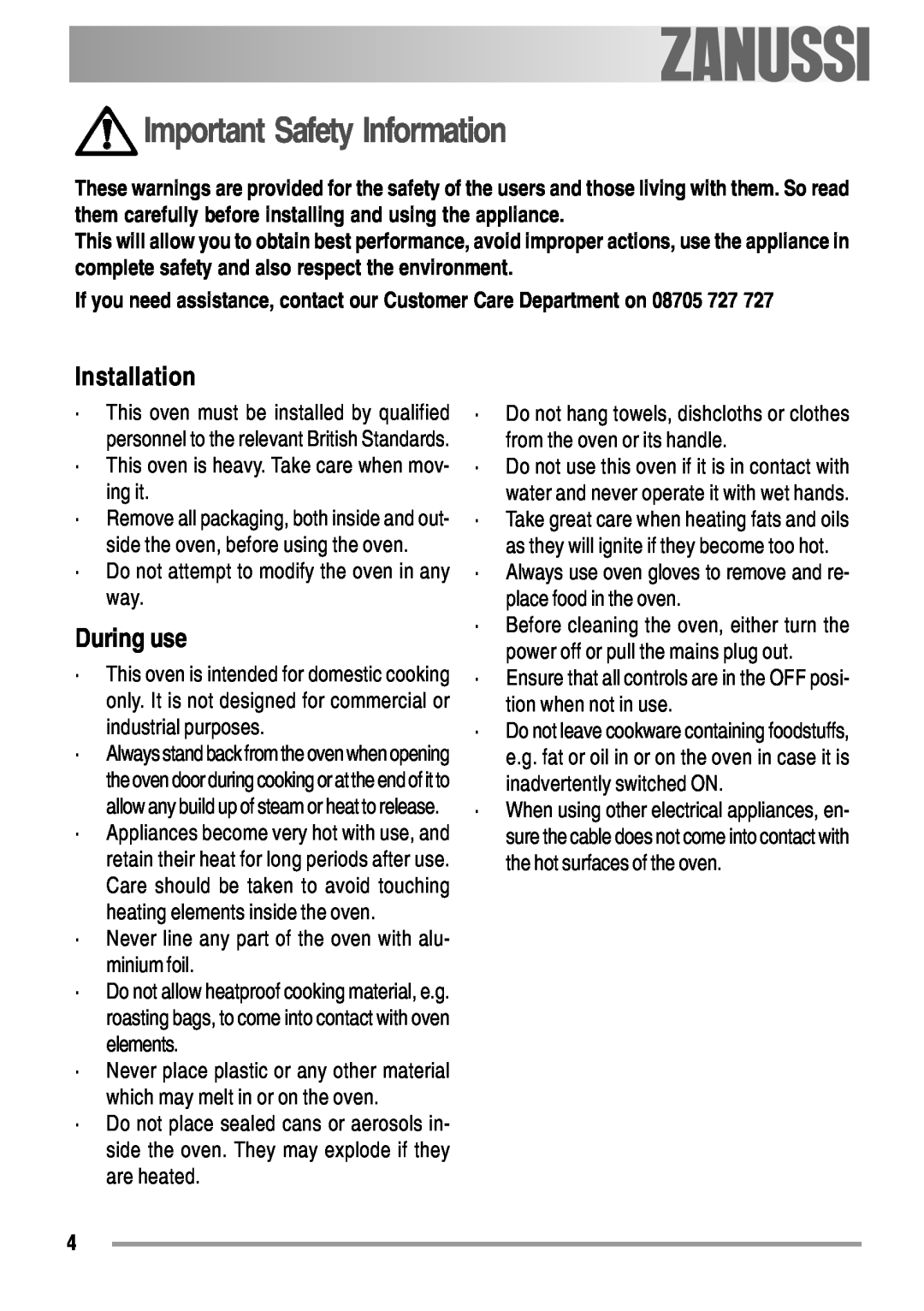 Zanussi ZOB 550 user manual Important Safety Information, Installation, During use 