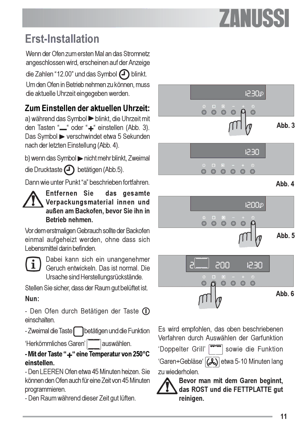 Zanussi ZOB 590 manual Erst-Installation, Zum Einstellen der aktuellen Uhrzeit, Nun 