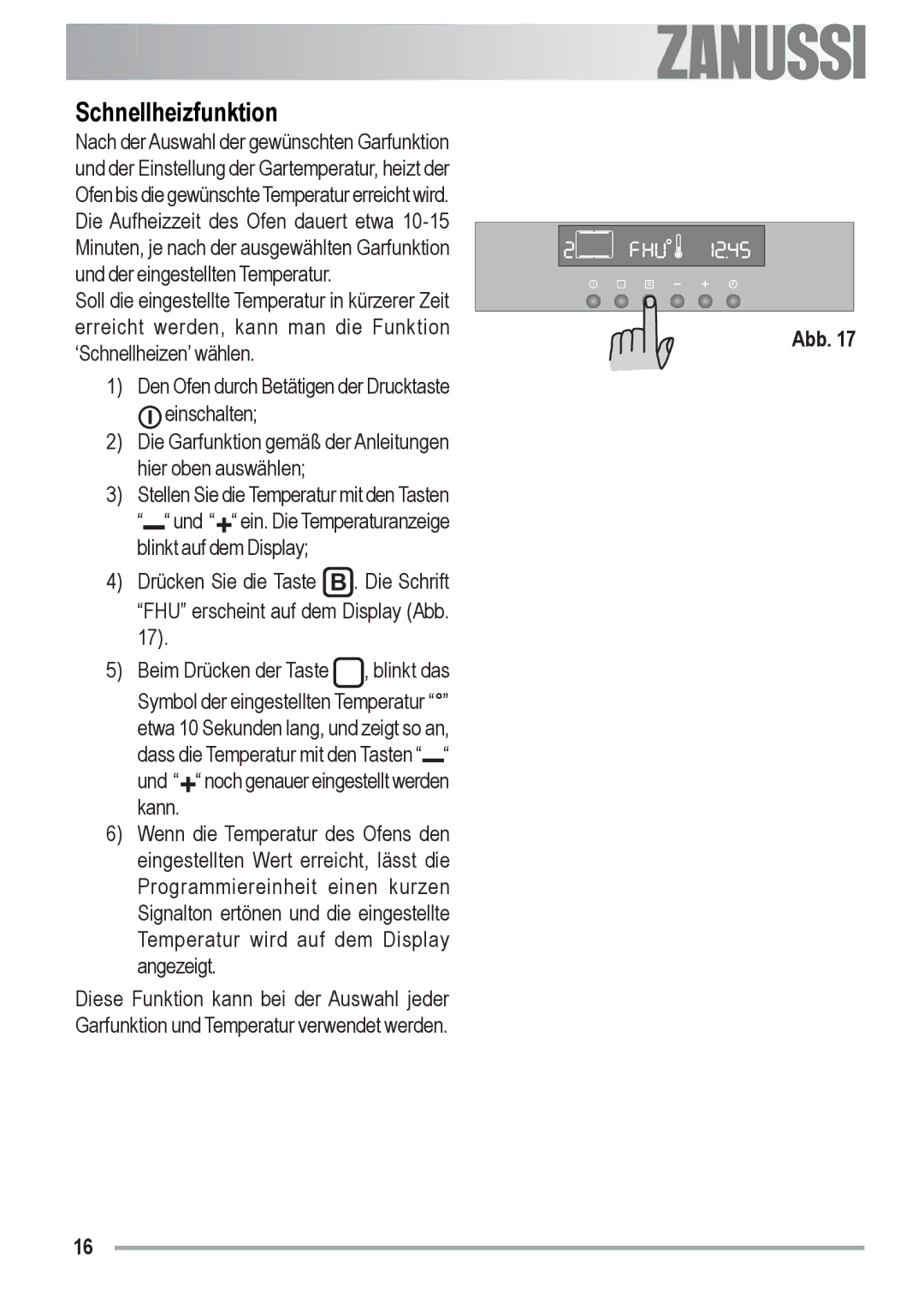 Zanussi ZOB 590 manual Schnellheizfunktion 