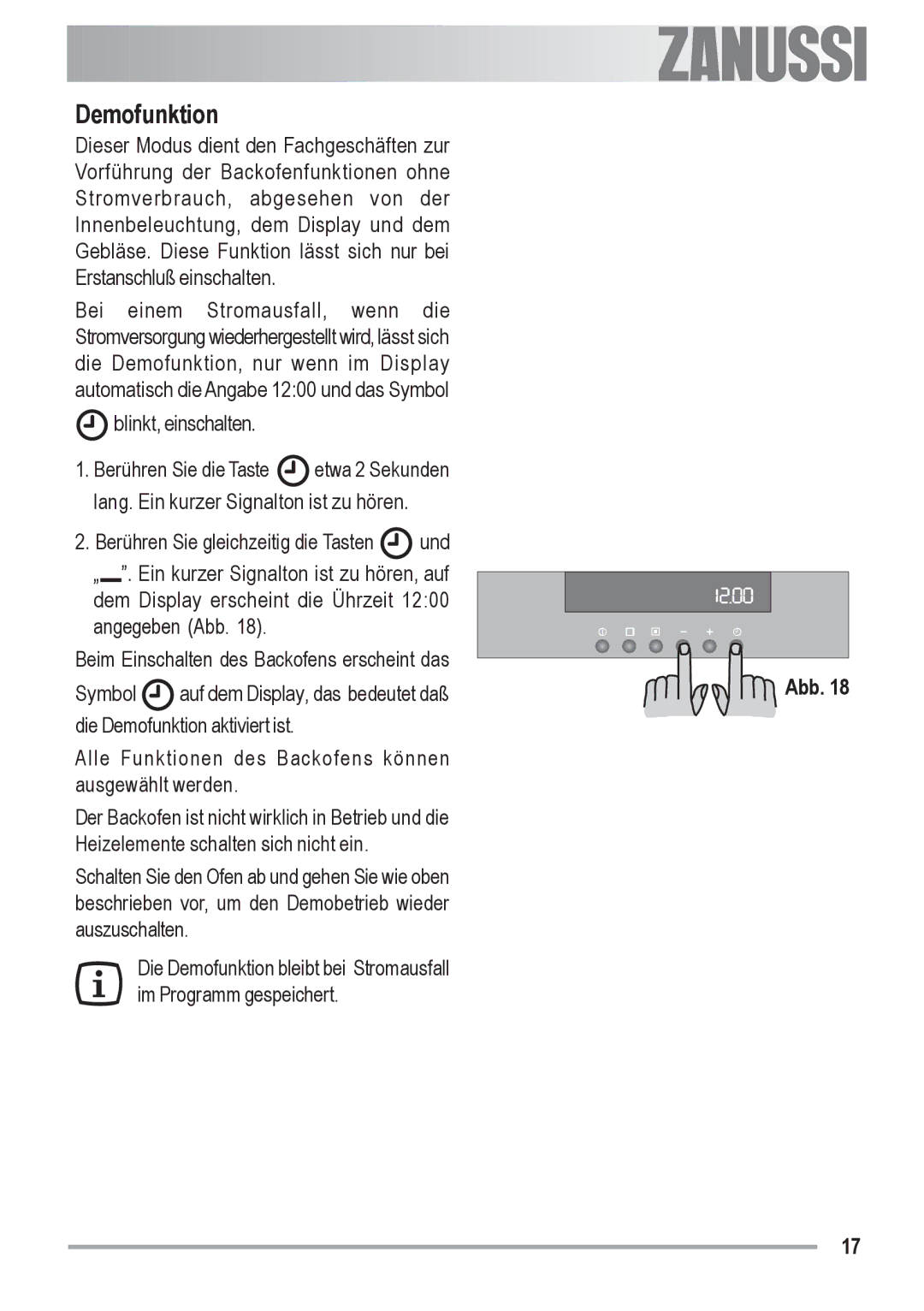 Zanussi ZOB 590 manual Demofunktion 