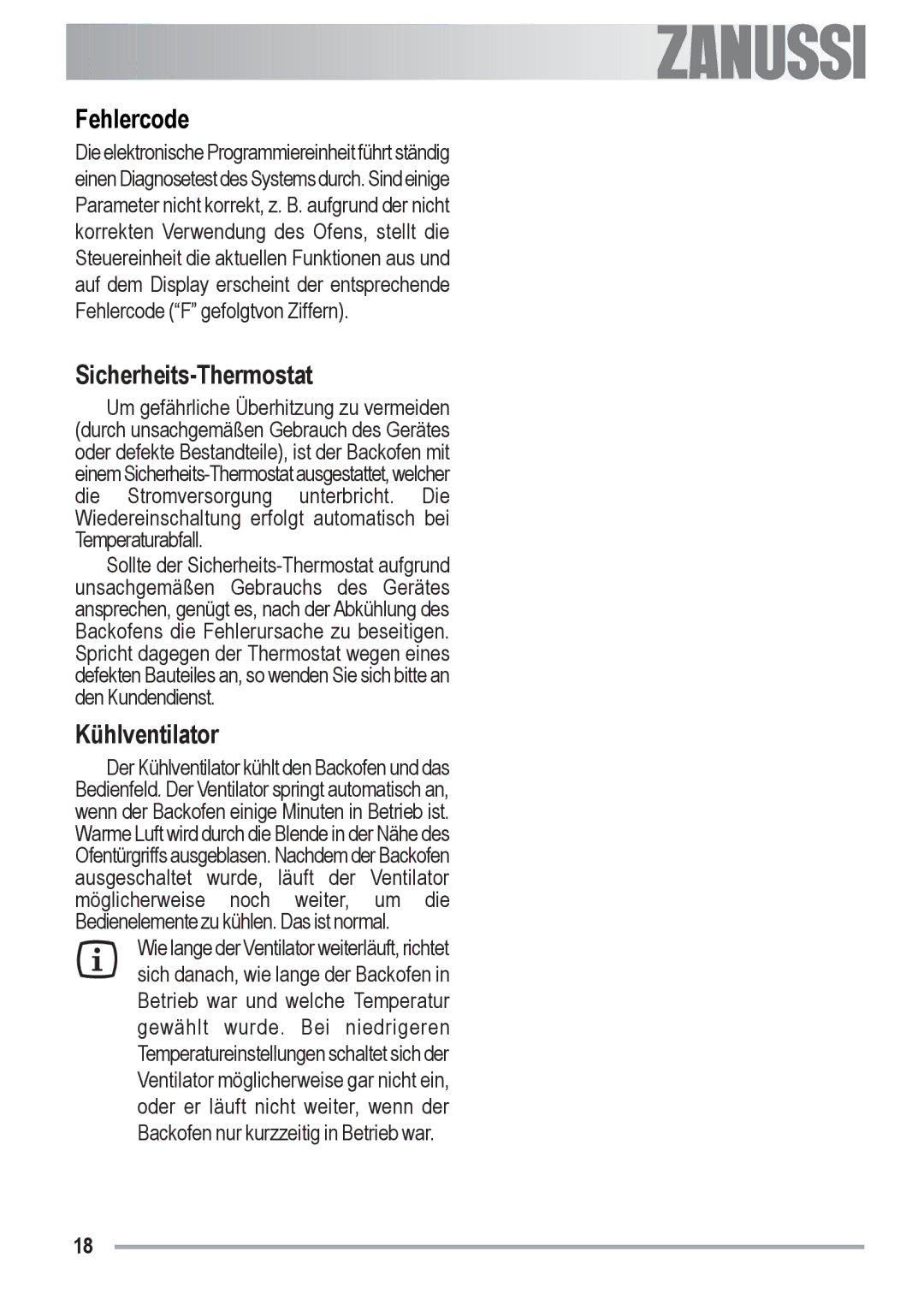 Zanussi ZOB 590 manual Fehlercode, Sicherheits-Thermostat, Kühlventilator 