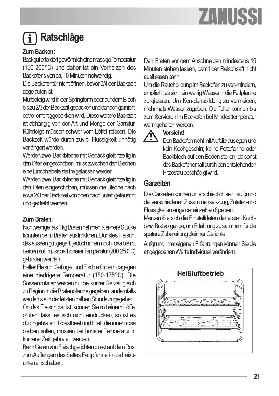 Zanussi ZOB 590 manual Garzeiten, Zum Backen, Zum Braten, Vorsicht, Heißluftbetrieb 