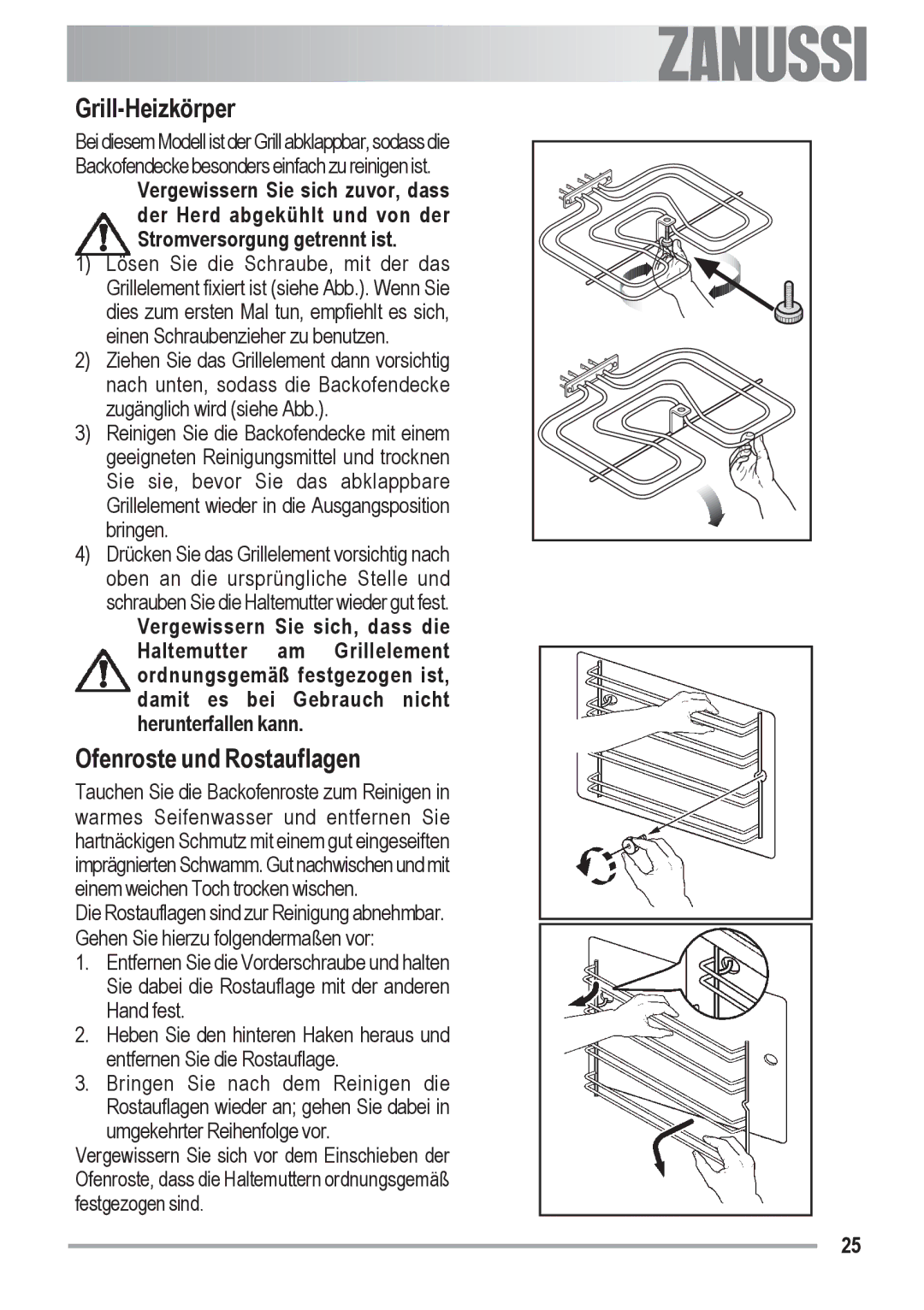 Zanussi ZOB 590 manual Grill-Heizkörper, Ofenroste und Rostauflagen 