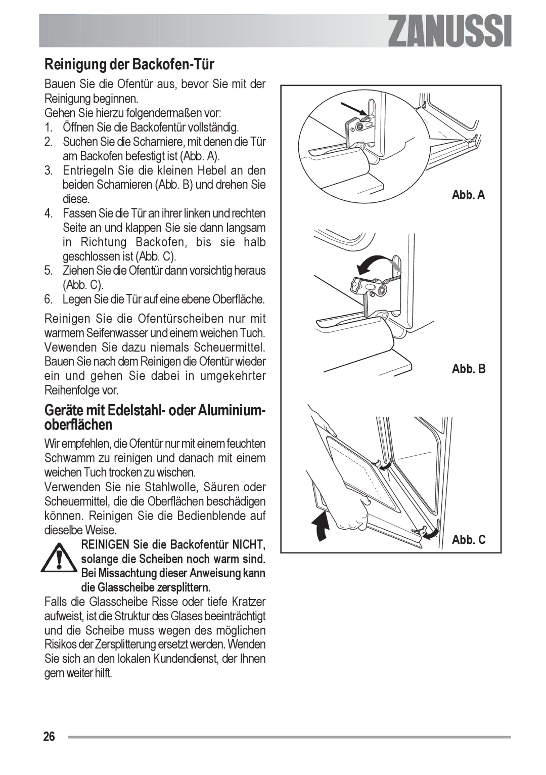 Zanussi ZOB 590 Reinigung der Backofen-Tür, Geräte mit Edelstahl- oder Aluminium- oberflächen, Abb. a, Abb. B, Abb. C 