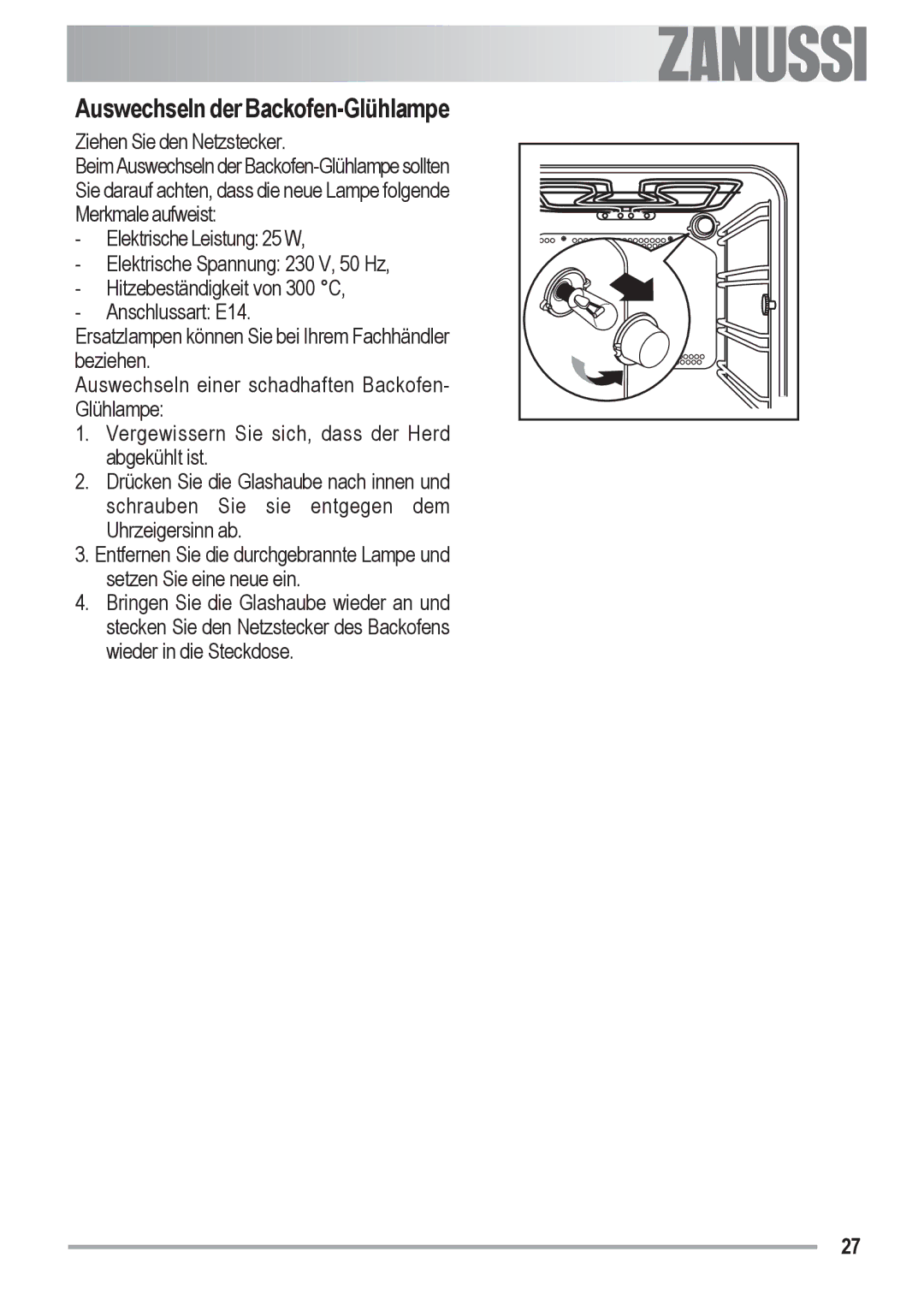 Zanussi ZOB 590 manual Auswechseln der Backofen-Glühlampe 