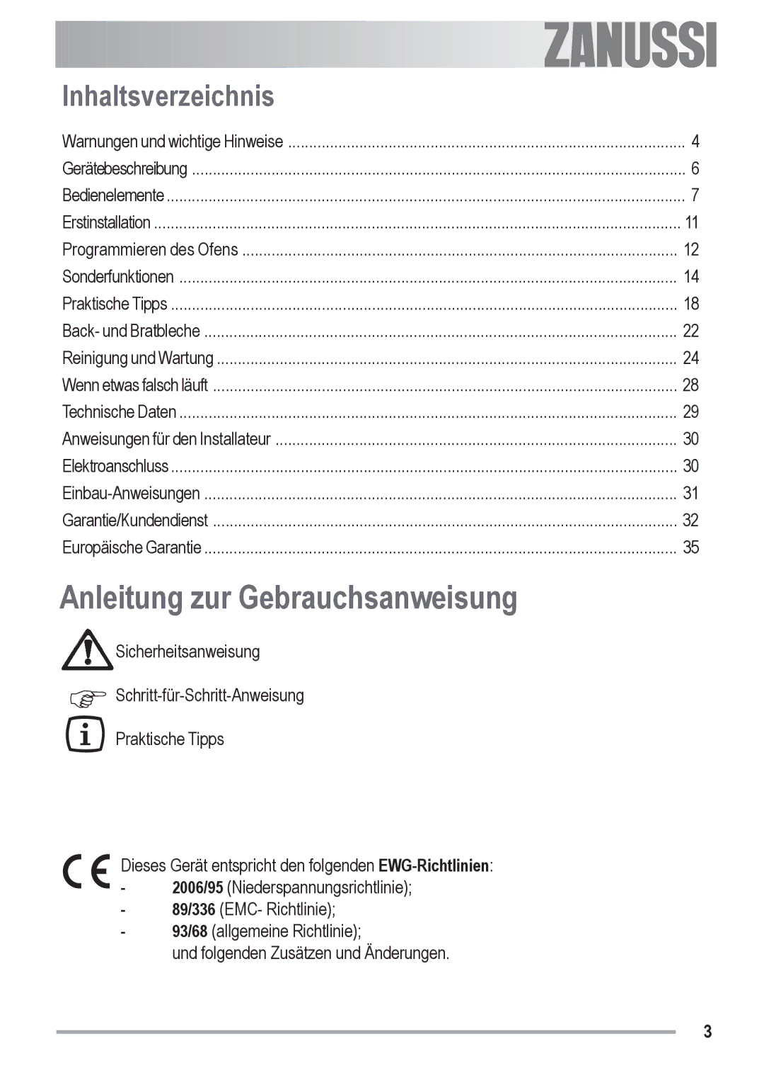 Zanussi ZOB 590 manual Anleitung zur Gebrauchsanweisung, Inhaltsverzeichnis 