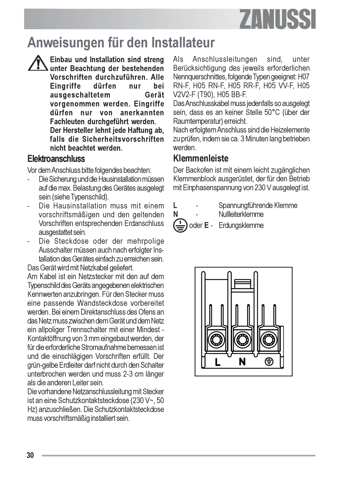 Zanussi ZOB 590 manual Anweisungen für den Installateur, Elektroanschluss, Klemmenleiste 