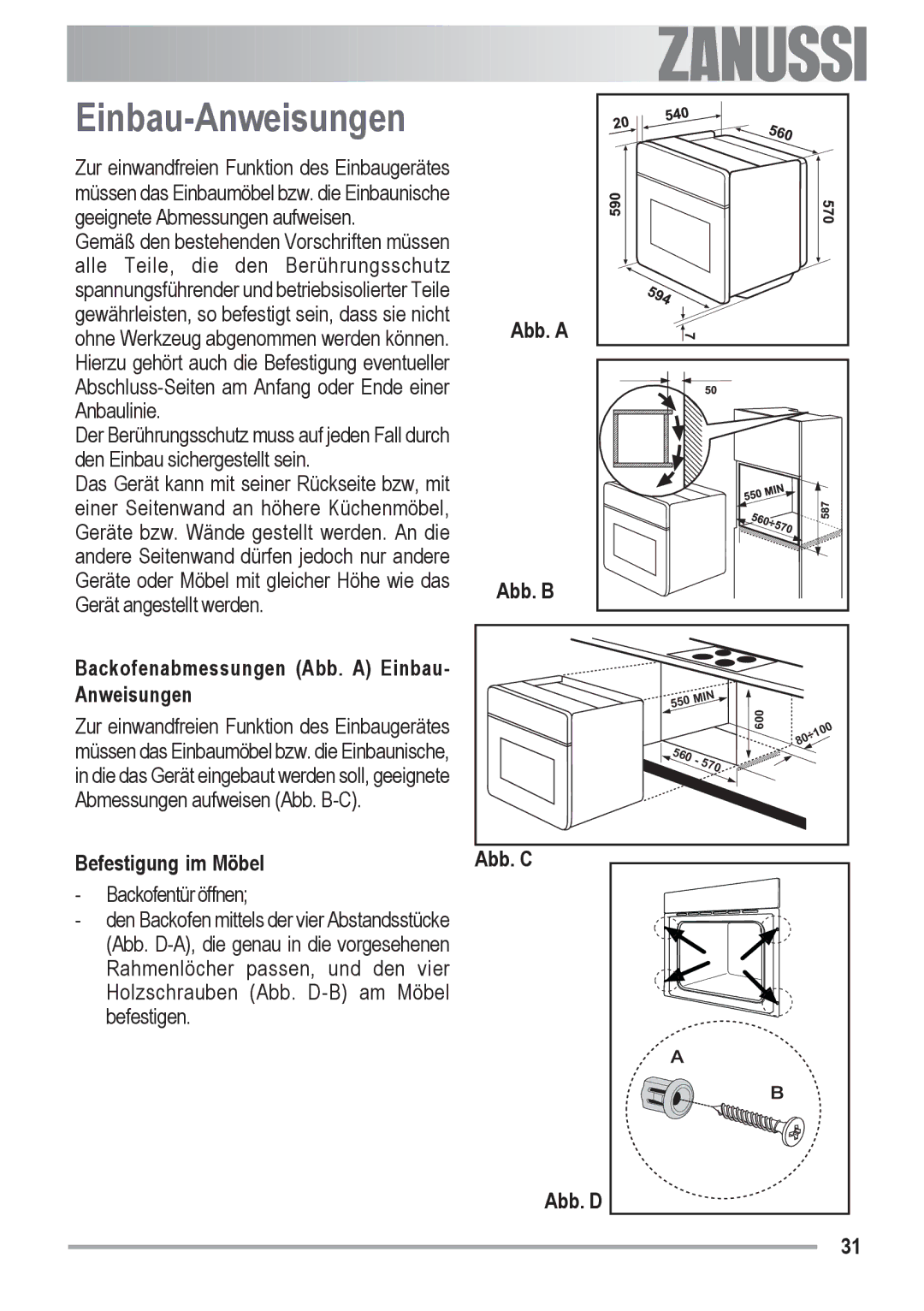 Zanussi ZOB 590 manual Einbau-Anweisungen, Befestigung im Möbel, Abb. C Abb. D 