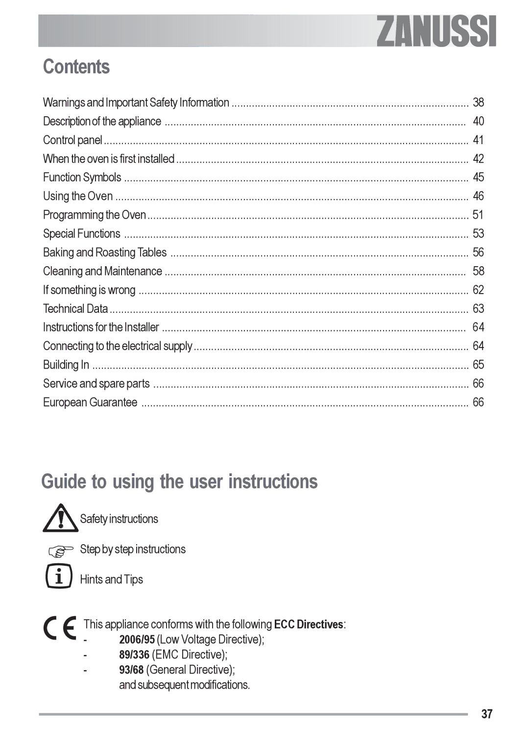 Zanussi ZOB 590 manual Contents, Guide to using the user instructions 