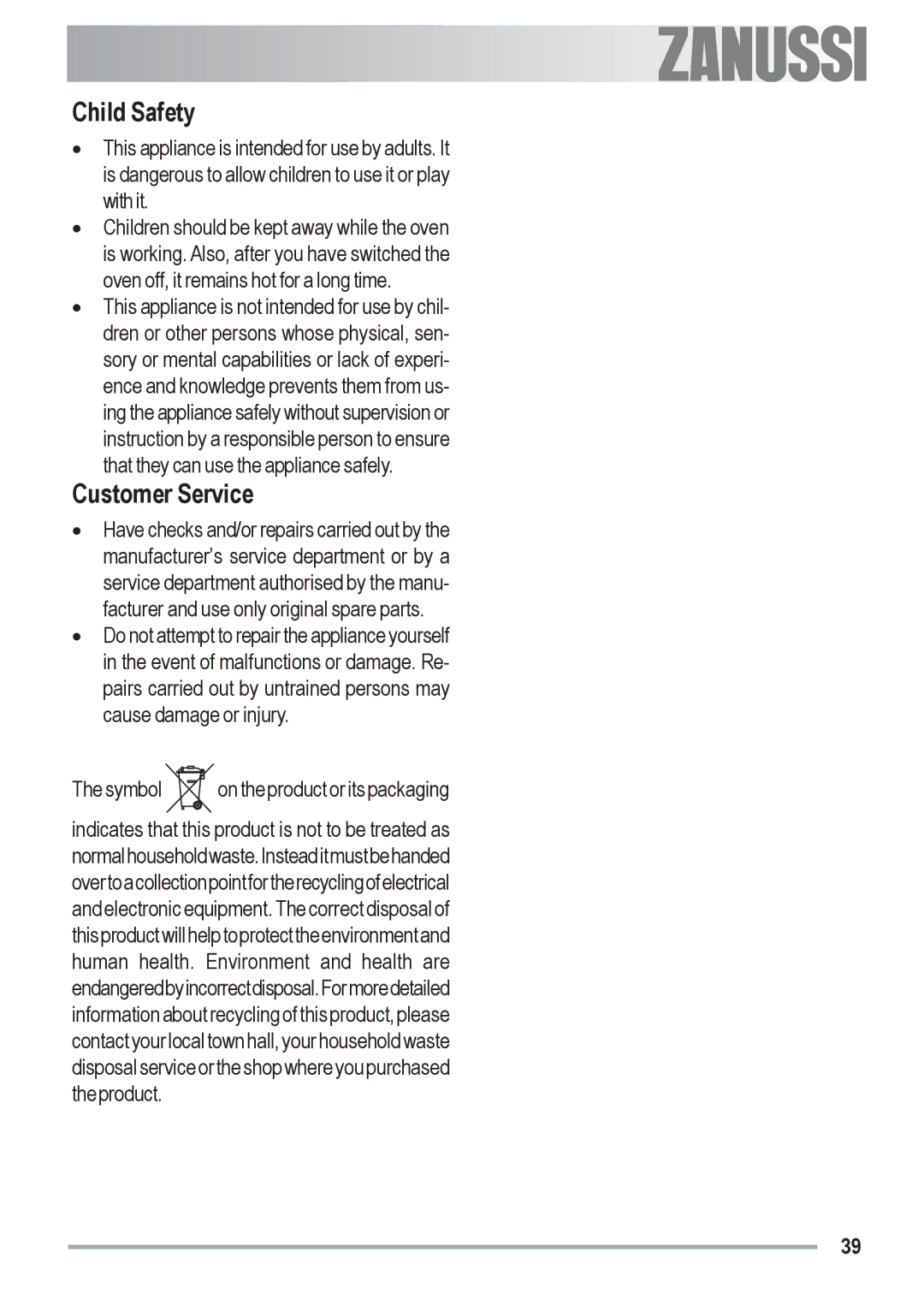 Zanussi ZOB 590 manual Child Safety, Customer Service 