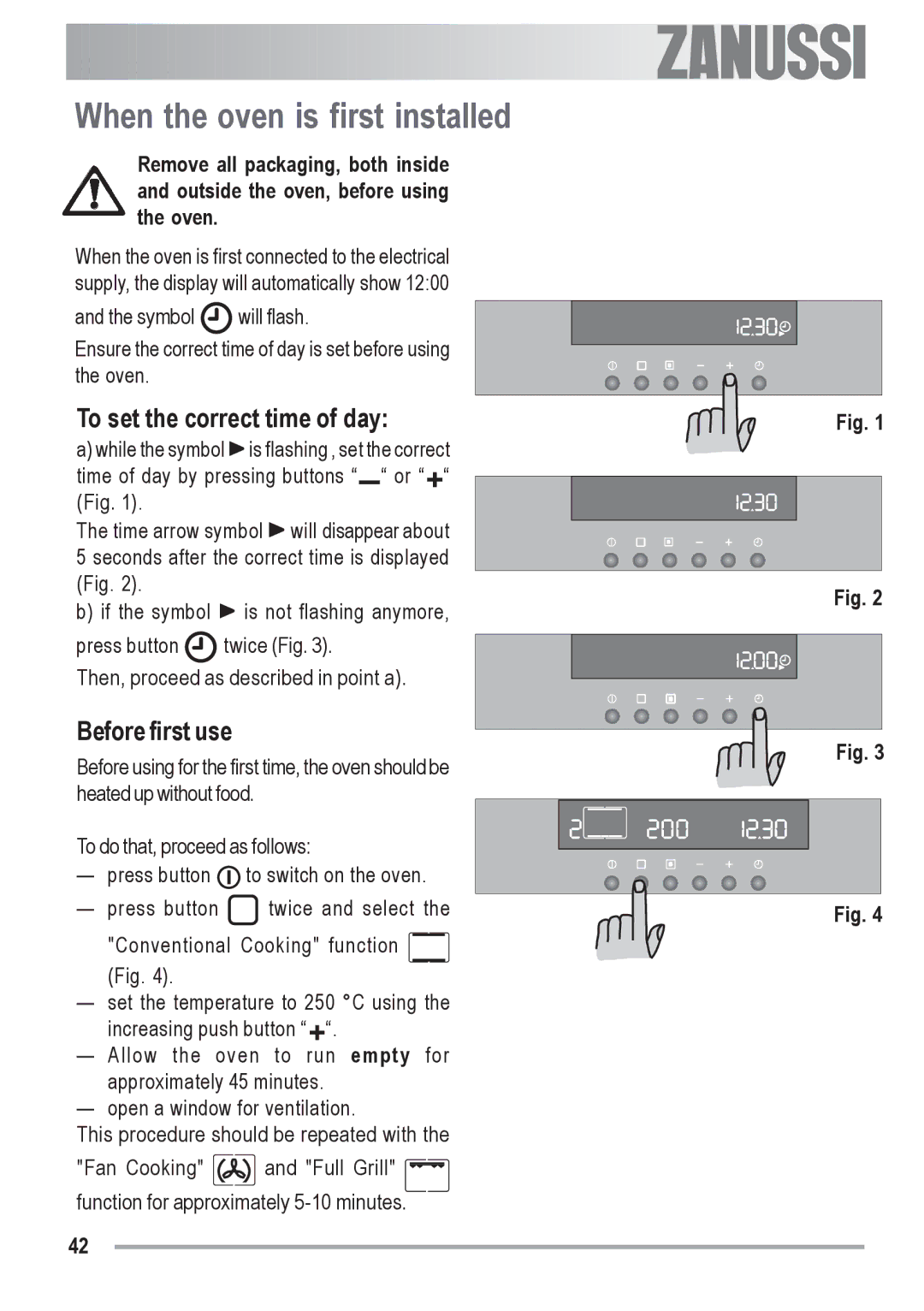 Zanussi ZOB 590 manual When the oven is first installed, To set the correct time of day, Before first use 