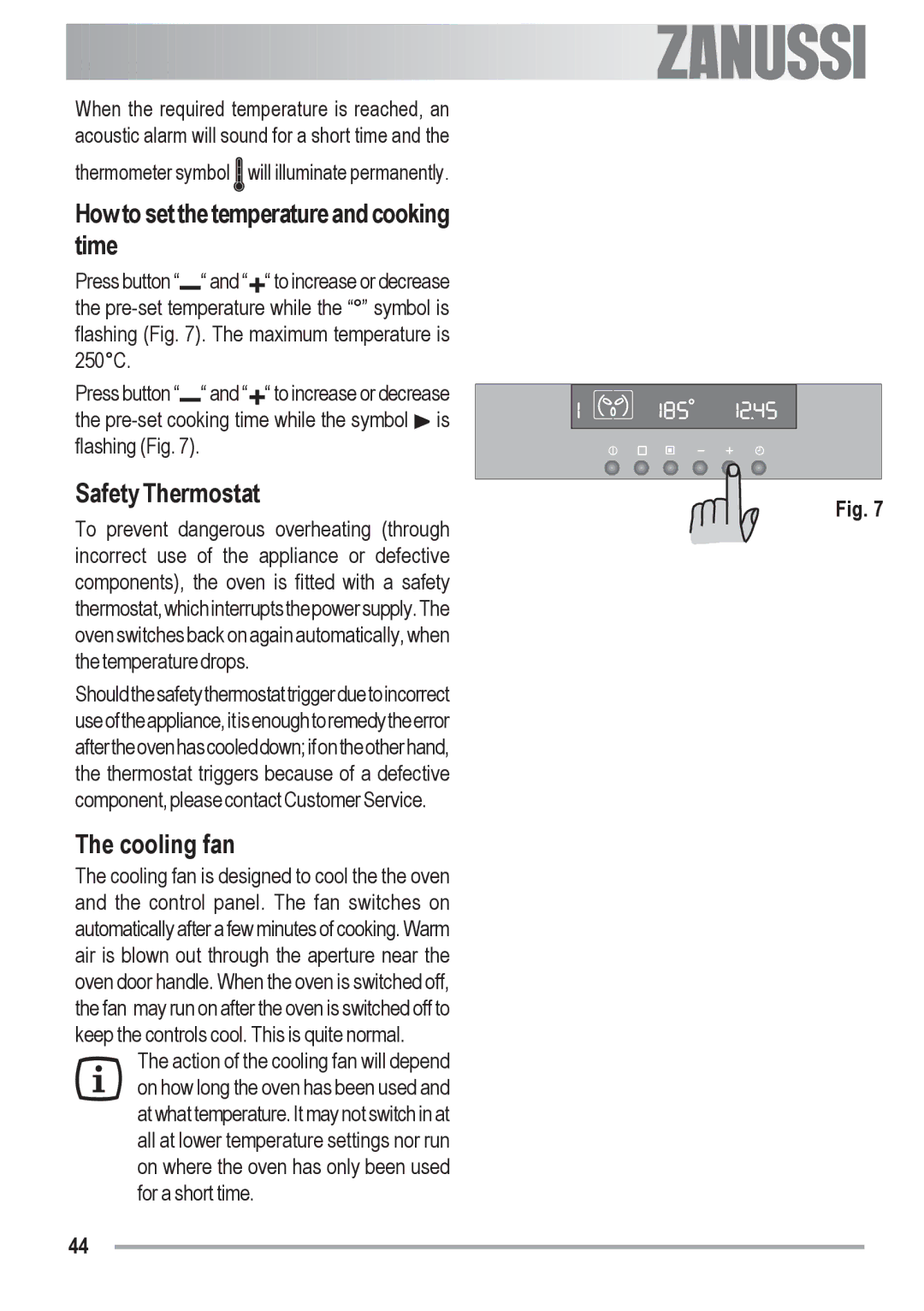 Zanussi ZOB 590 manual How to set the temperature and cooking time, Safety Thermostat, Cooling fan 