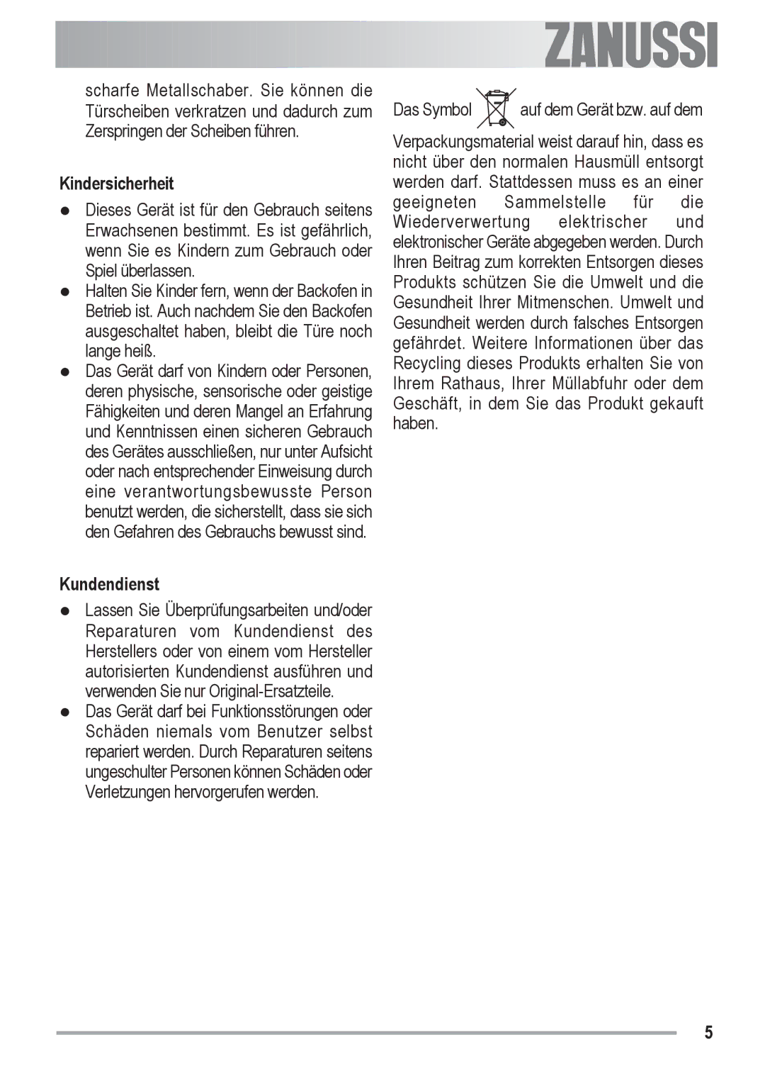 Zanussi ZOB 590 manual Kindersicherheit, Kundendienst 