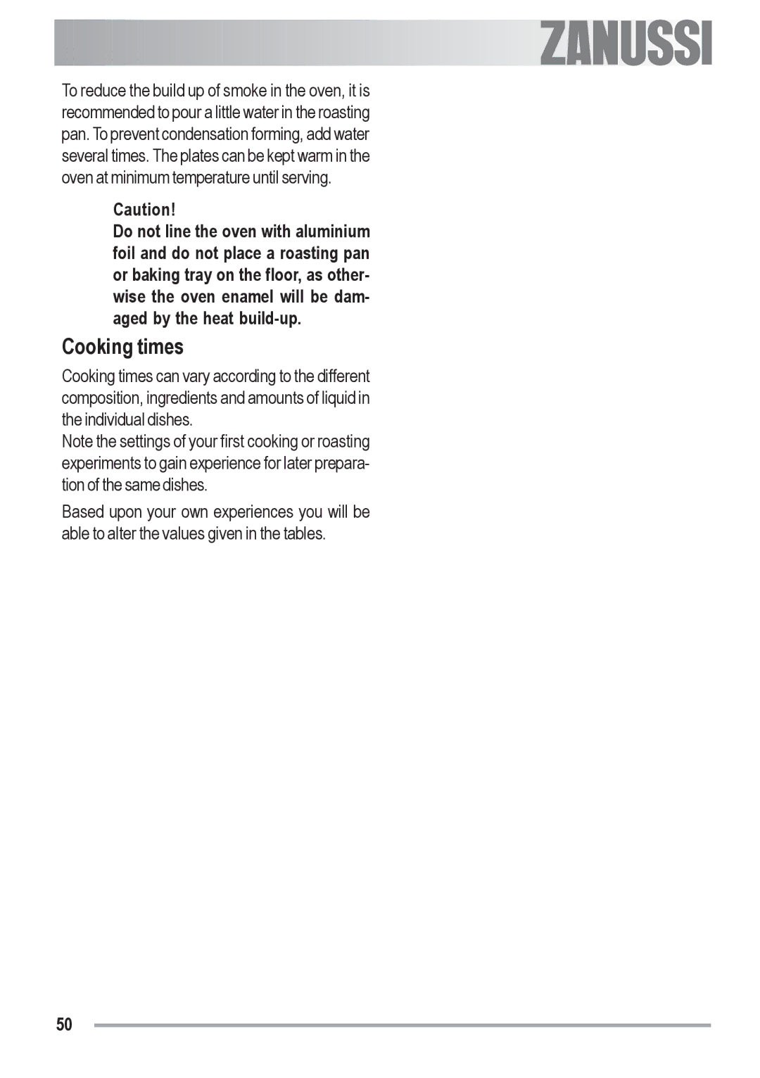 Zanussi ZOB 590 manual Cooking times 