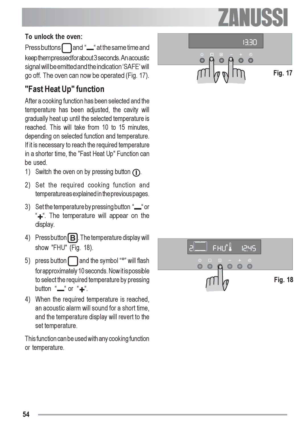 Zanussi ZOB 590 manual Fast Heat Up function, To unlock the oven 