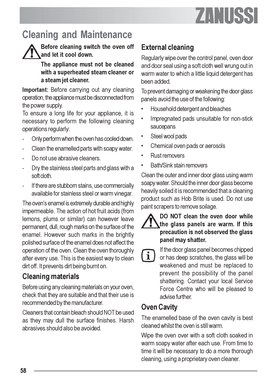 Zanussi ZOB 590 manual Cleaning and Maintenance, Cleaning materials, External cleaning, Oven Cavity 