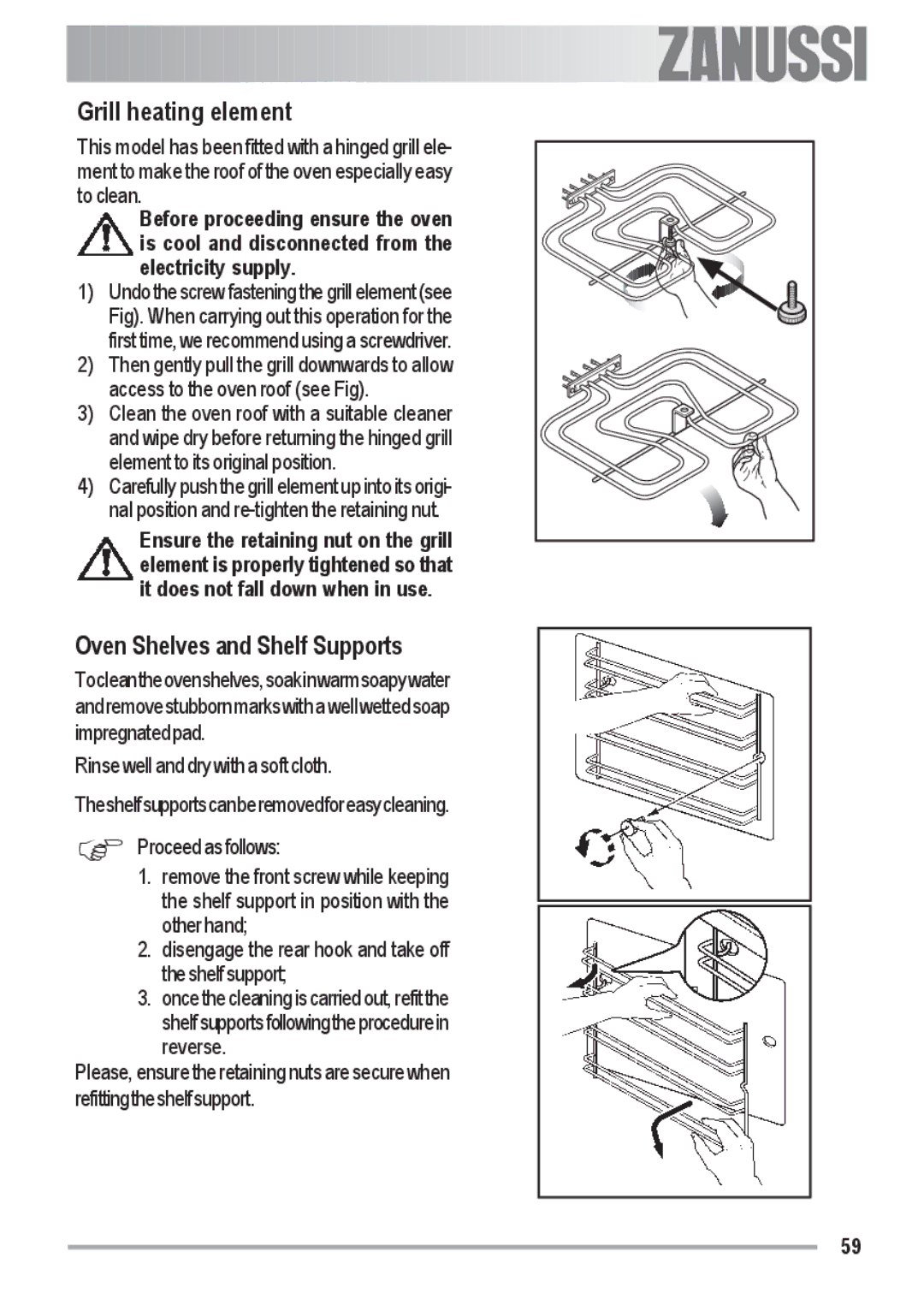 Zanussi ZOB 590 manual Grill heating element, Oven Shelves and Shelf Supports 