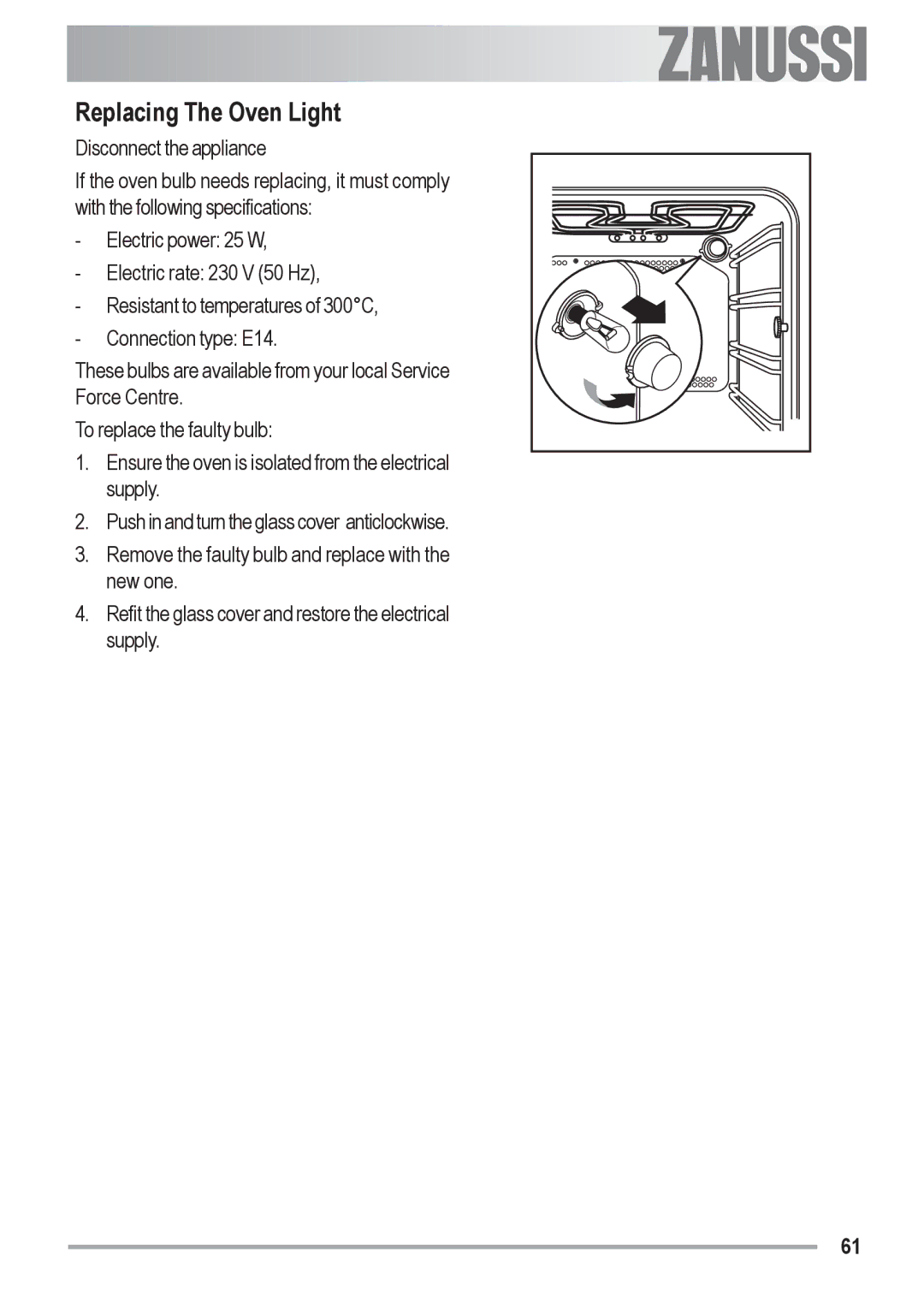 Zanussi ZOB 590 manual Replacing The Oven Light 