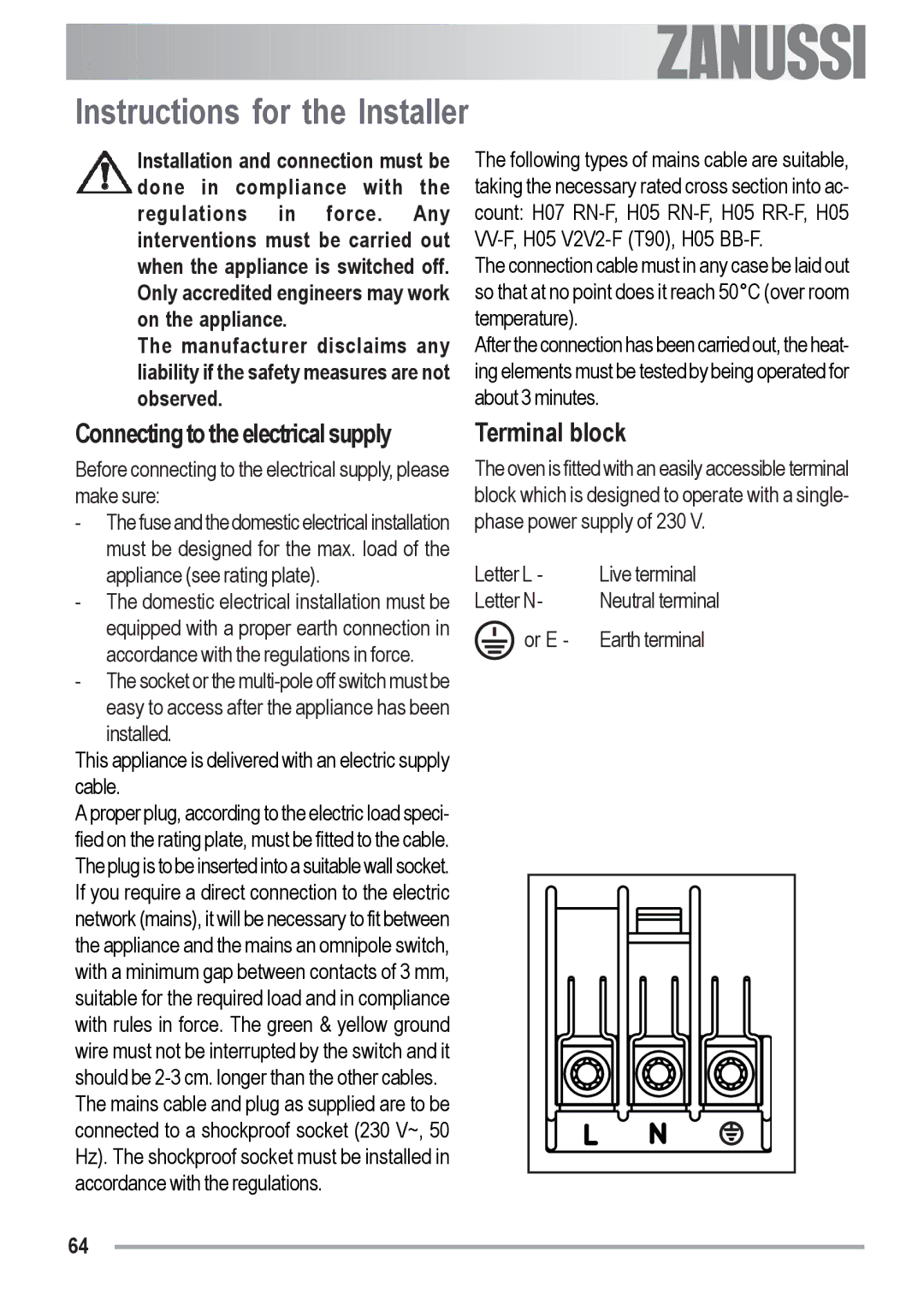 Zanussi ZOB 590 manual Instructions for the Installer, Connecting to the electrical supply, Terminal block 