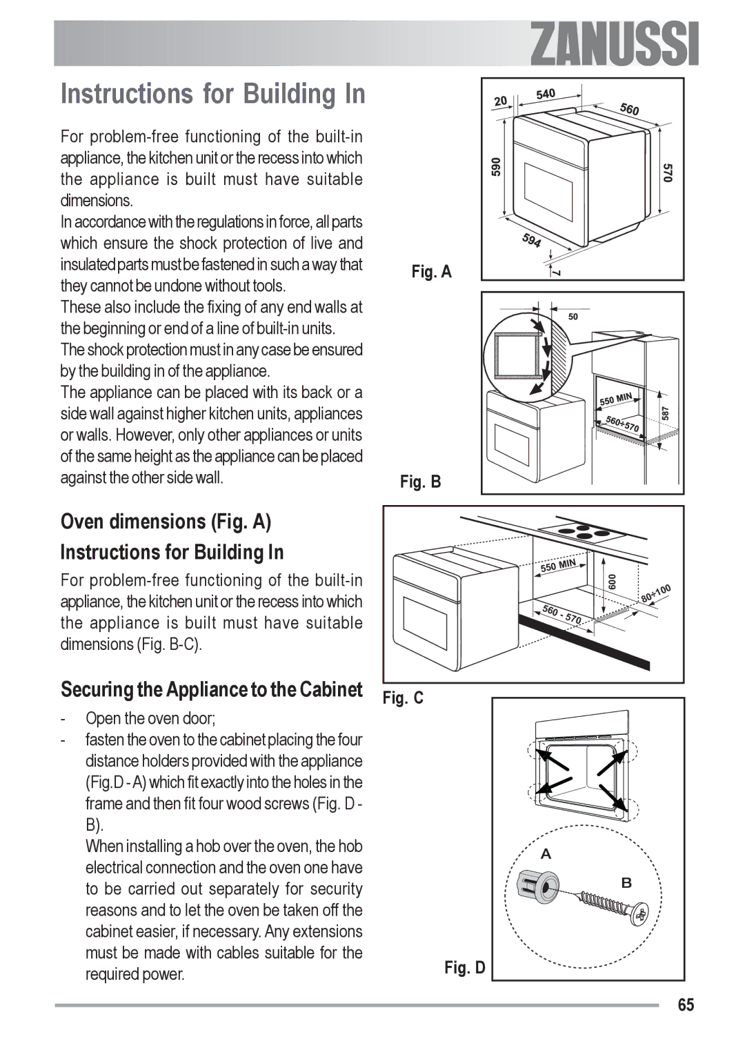 Zanussi ZOB 590 manual Oven dimensions Fig. a Instructions for Building, Securing the Appliance to the Cabinet 